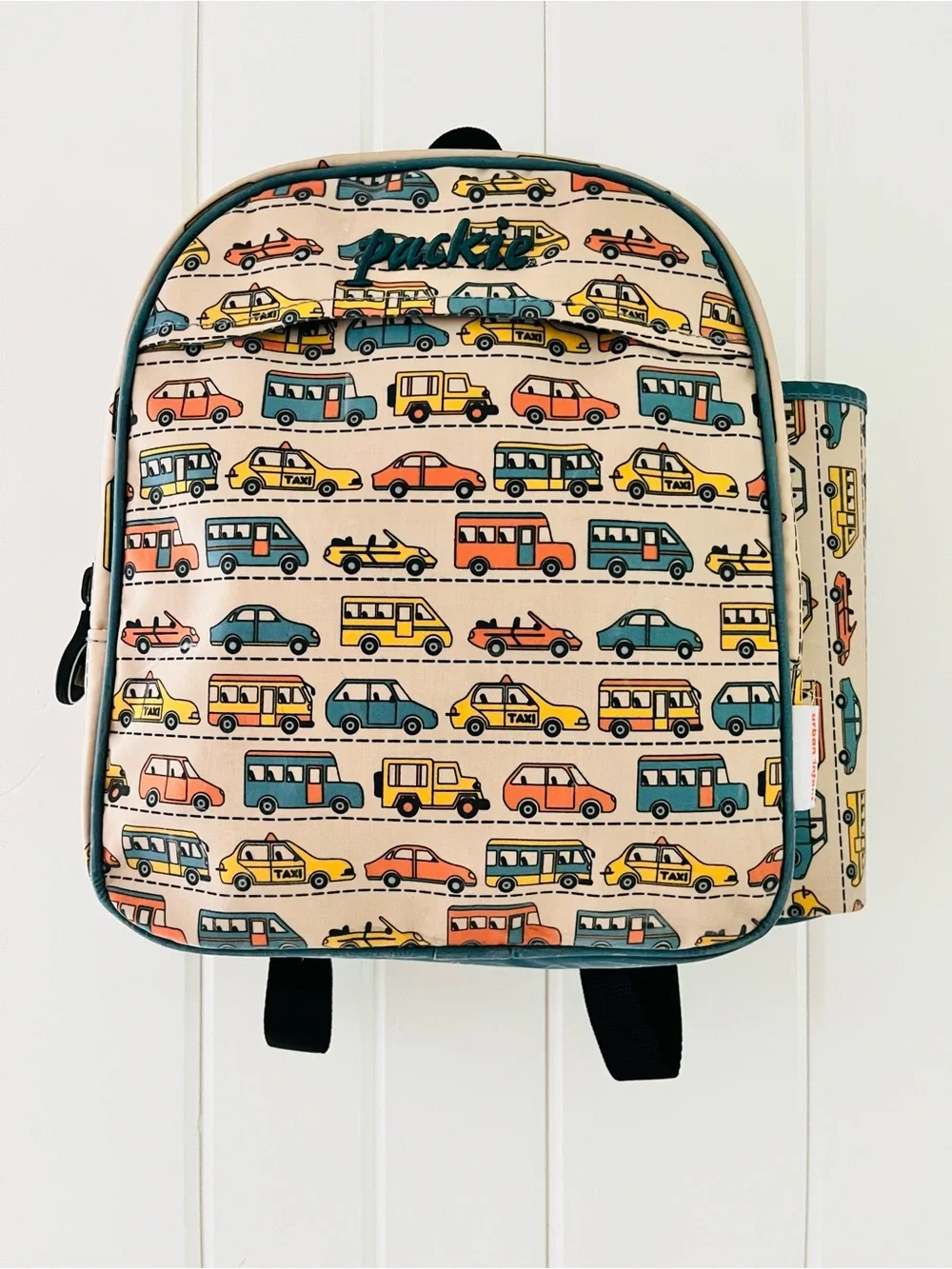 Urban Packie Beige Kids Backpack with Teal, Yellow & Coral Car Print